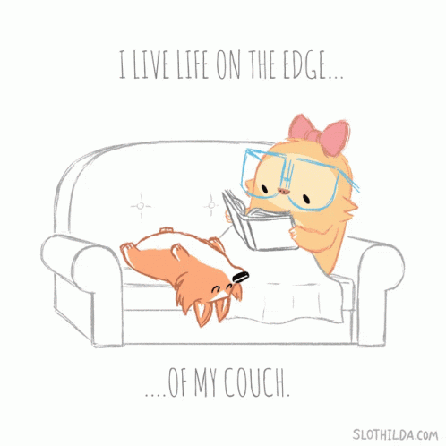 A Cartoon Of A Cat Reading A Book With The Words I Live Life On The Edge Of My Couch Below It GIF