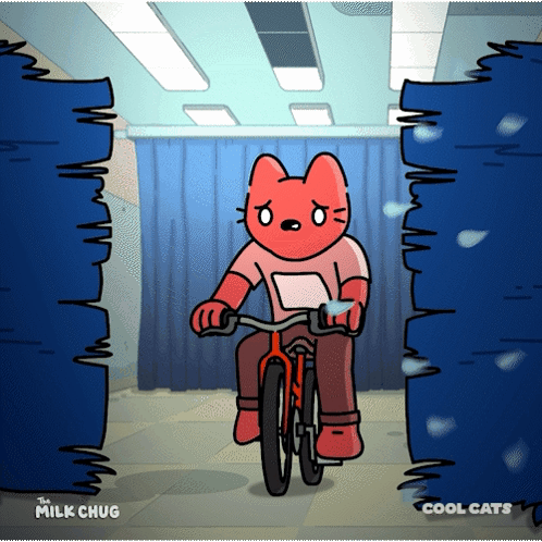 A Cartoon Of A Cat Riding A Bike With The Words " Cool Cats " On The Bottom GIF