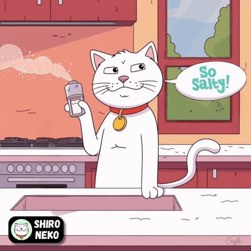 A Cartoon Of A Cat Saying " So Salty " GIF