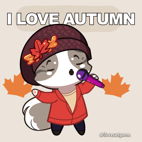 A Cartoon Of A Cat Singing Into A Microphone With The Words I Love Autumn Above It GIF