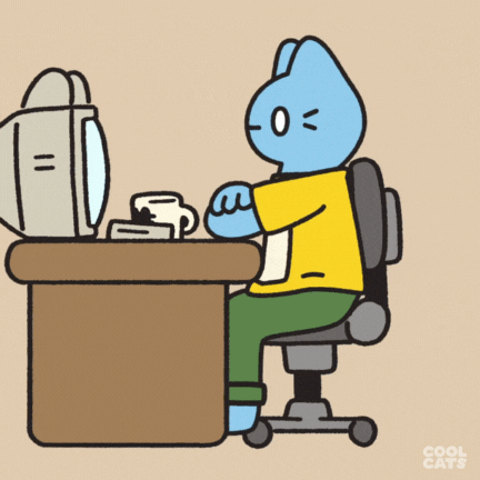 A Cartoon Of A Cat Sitting At A Desk Looking At A Computer Screen GIF