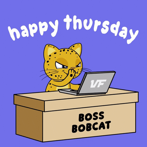 A Cartoon Of A Cat Sitting At A Desk With Papers And A Laptop That Says Boss Bobcat GIF