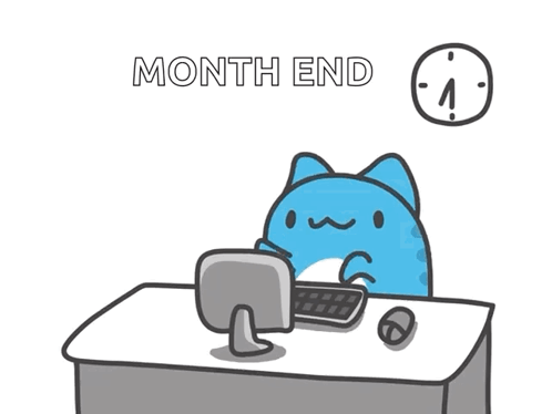 A Cartoon Of A Cat Sitting At A Desk With The Words Month End Written Above It GIF