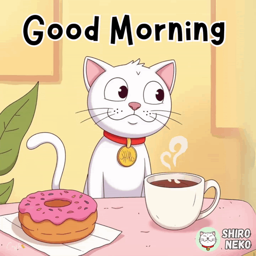 a cartoon of a cat sitting at a table next to a cup of coffee and a donut