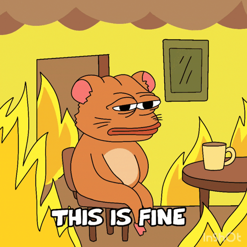 A Cartoon Of A Cat Sitting At A Table With The Words " This Is Fine " GIF