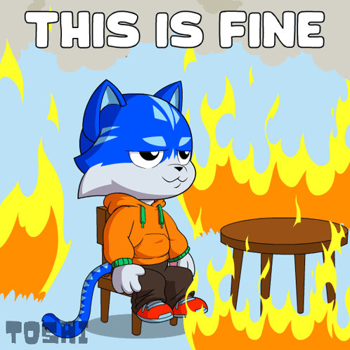 A Cartoon Of A Cat Sitting In Front Of A Fire With The Words " This Is Fine " Above Him GIF