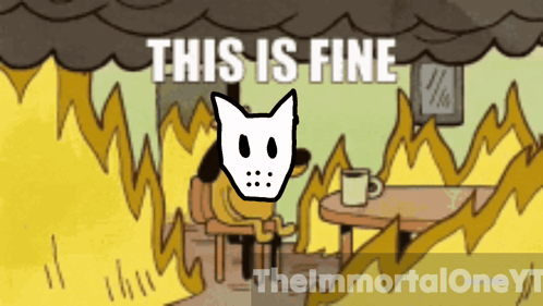 A Cartoon Of A Cat Sitting In Front Of A Fire With The Words " This Is Fine " GIF