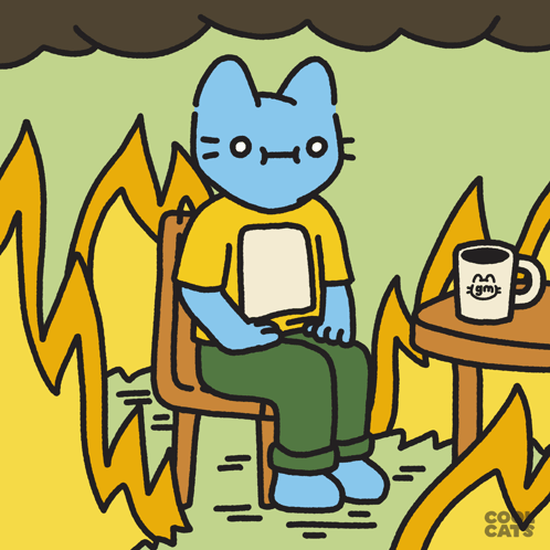 A Cartoon Of A Cat Sitting In Front Of A Table With A Cup That Says Gmx On It GIF