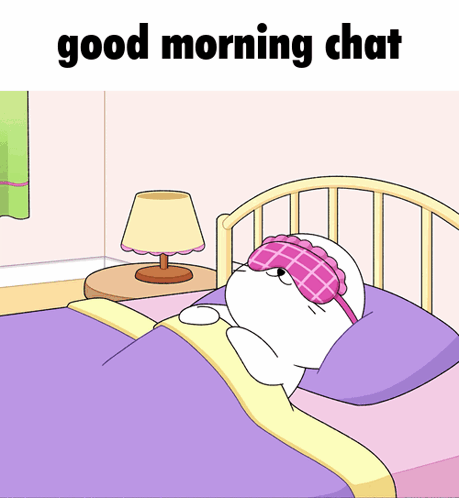 A Cartoon Of A Cat Sleeping In A Bed With The Words Good Morning Chat Below It GIF