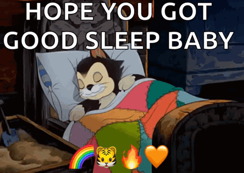 A Cartoon Of A Cat Sleeping In A Bed With The Words " Hope You Got Good Sleep Baby " GIF