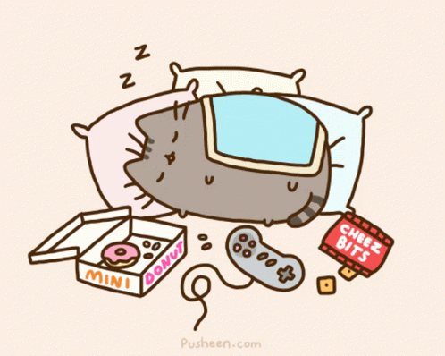 A Cartoon Of A Cat Sleeping Next To A Box Of Mini Donuts And Cheez Bits GIF