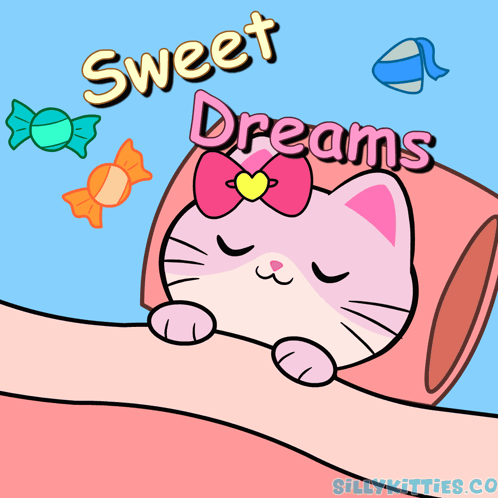 A Cartoon Of A Cat Sleeping With Sweet Dreams Written Above It GIF