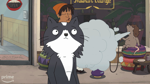 A Cartoon Of A Cat Smoking A Hookah In Front Of A Store That Says Open GIF