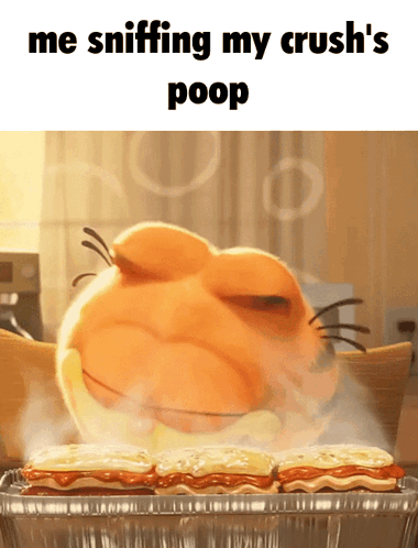 A Cartoon Of A Cat Sniffing A Tray Of Food With The Caption Me Sniffing My Crush 'S Poop GIF