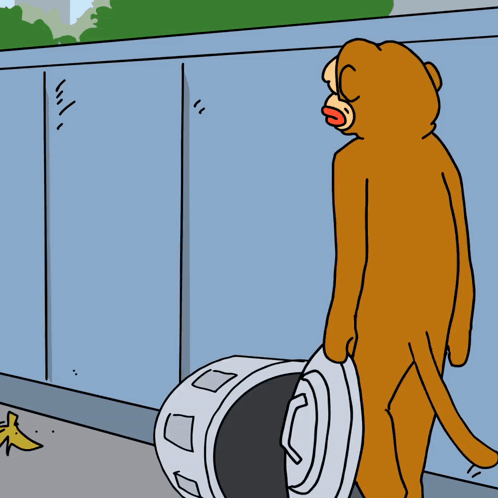 A Cartoon Of A Cat Throwing A Banana Peel Into A Trash Can GIF