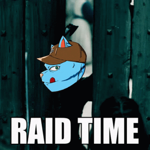 A Cartoon Of A Cat Wearing A Baseball Cap With The Words Raid Time Below It GIF