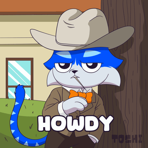 A Cartoon Of A Cat Wearing A Cowboy Hat And A Bow Tie Says Howdy GIF