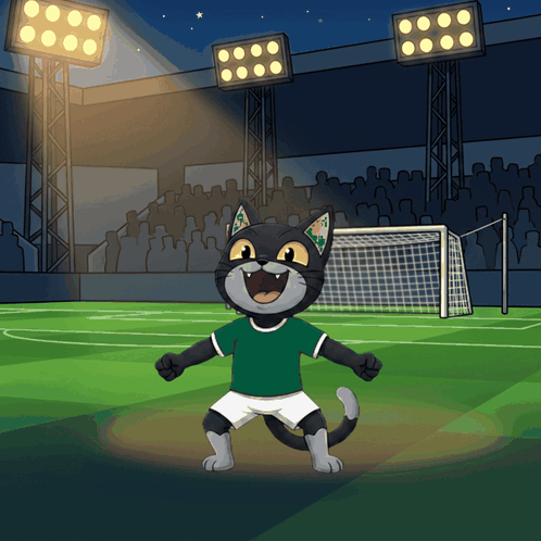 a cartoon of a cat wearing a green shirt and white shorts standing on a soccer field