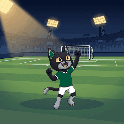 a cartoon of a cat wearing a green shirt and white shorts standing on a soccer field