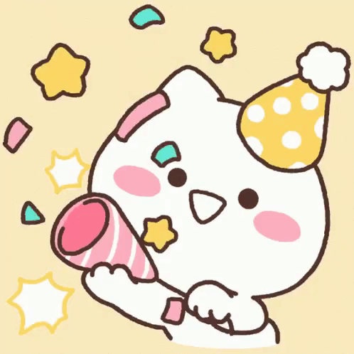 A Cartoon Of A Cat Wearing A Party Hat Holding A Confetti Cannon GIF