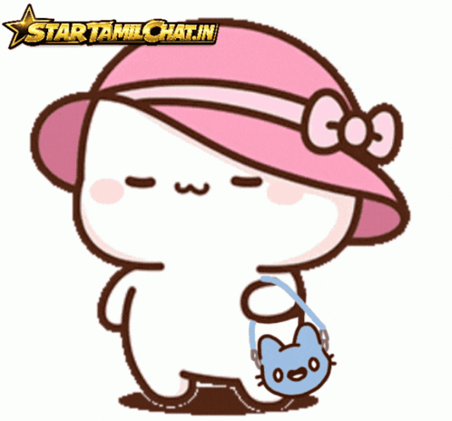 A Cartoon Of A Cat Wearing A Pink Hat And Holding A Blue Cat Purse GIF