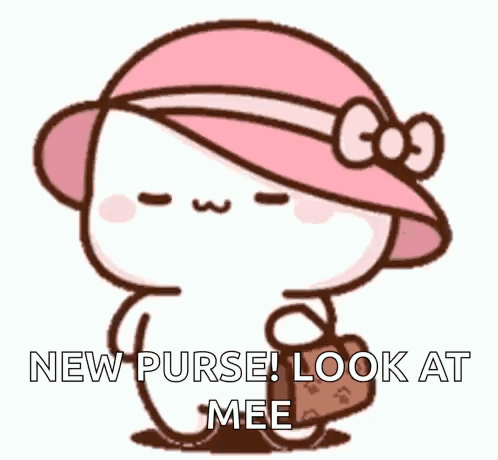 A Cartoon Of A Cat Wearing A Pink Hat And Holding A Purse . GIF