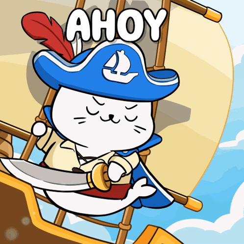 A Cartoon Of A Cat Wearing A Pirate Hat And Holding A Sword With The Word Ahoy Above Him GIF