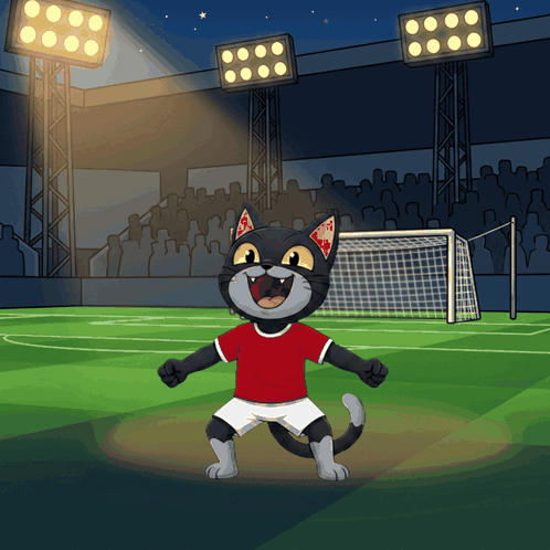 A Cartoon Of A Cat Wearing A Red Shirt And White Shorts On A Soccer Field GIF