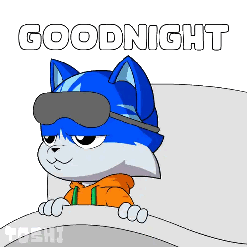 a cartoon of a cat wearing a sleep mask with the words goodnight above it