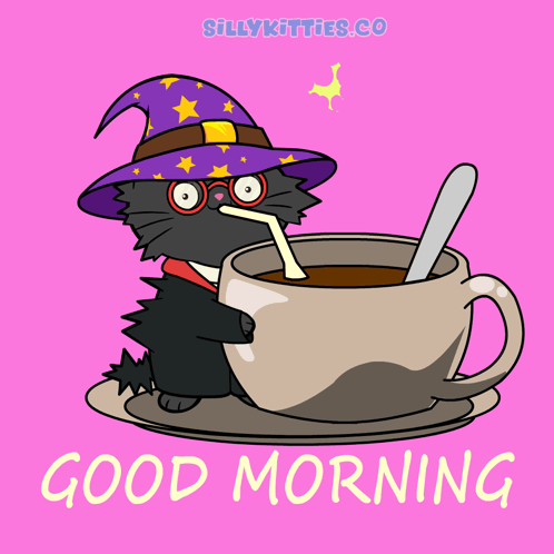 A Cartoon Of A Cat Wearing A Witch Hat Drinking From A Cup Of Coffee Says Good Morning GIF