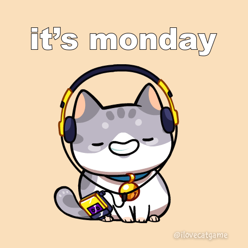 A Cartoon Of A Cat Wearing Headphones With The Words It 'S Monday Below It GIF