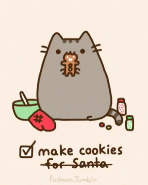 A Cartoon Of A Cat With A Gingerbread Man In Its Mouth That Says " Make Cookies For Santa " GIF