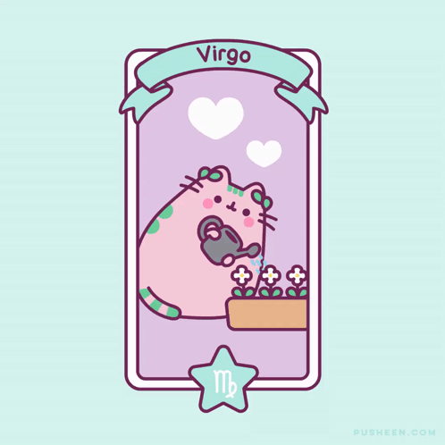 A Cartoon Of A Cat With A Watering Can And The Word Virgo Above It GIF