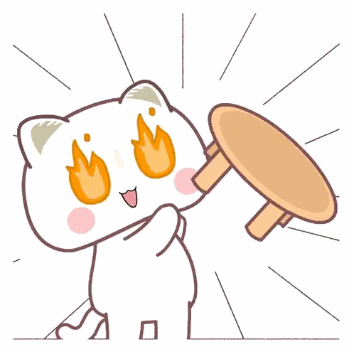 a cartoon of a cat with flames coming out of its eyes holding a stool