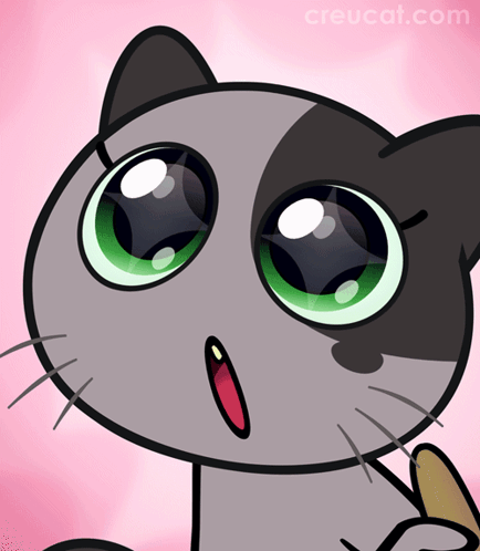A Cartoon Of A Cat With Green Eyes And The Website Creucat.com In The Corner GIF