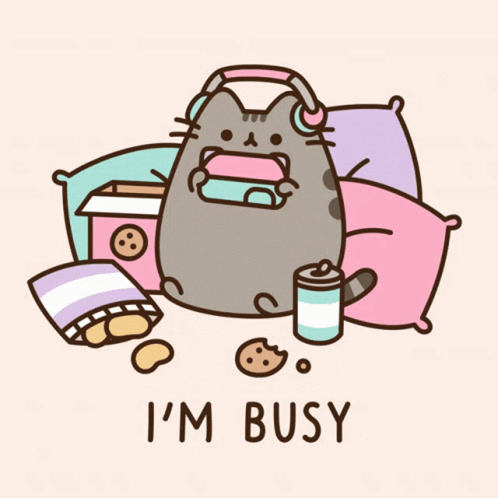 A Cartoon Of A Cat With Headphones And The Words I 'M Busy Below It GIF