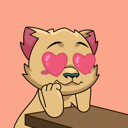 A Cartoon Of A Cat With Heart Shaped Eyes Sitting At A Table GIF