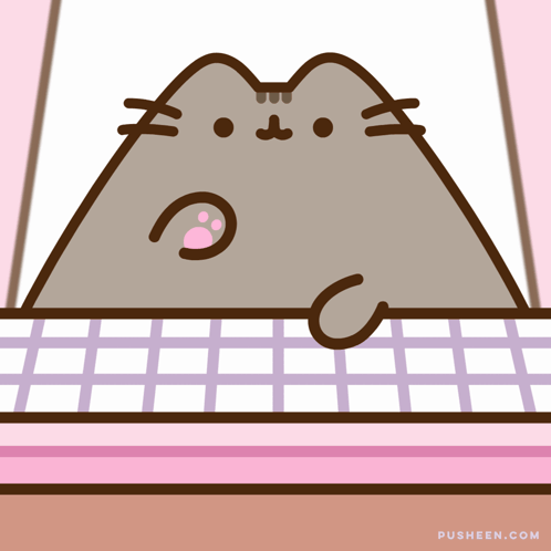 A Cartoon Of A Cat With The Website Pusheen.com Underneath It GIF