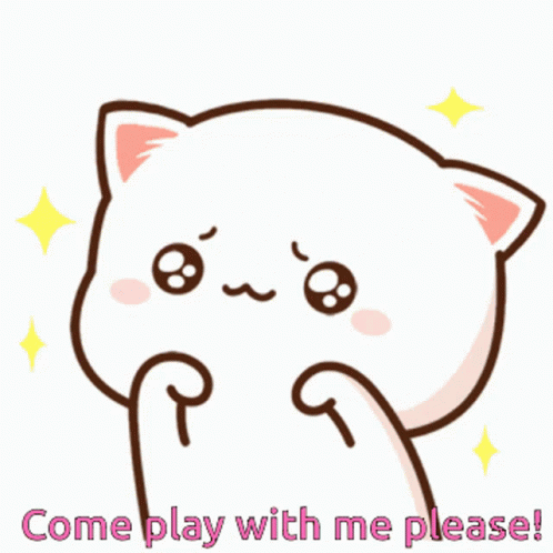 A Cartoon Of A Cat With The Words Come Play With Me Please Written Below It GIF