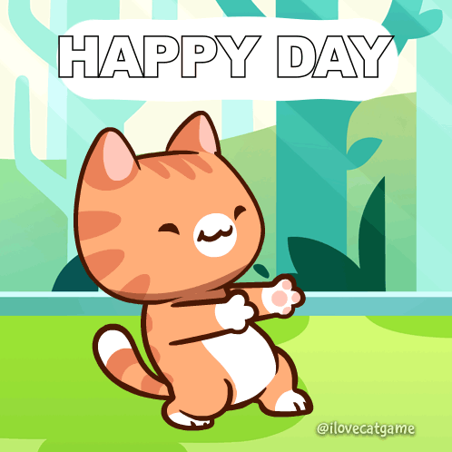 A Cartoon Of A Cat With The Words Happy Day Behind It GIF