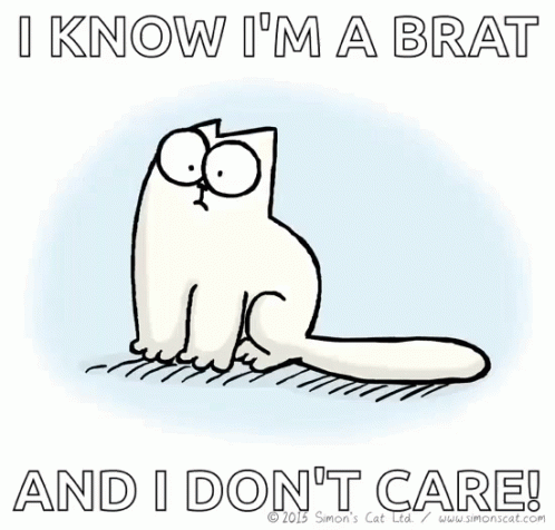 A Cartoon Of A Cat With The Words " I Know I 'M Mabrat And I Don 'T Care " GIF