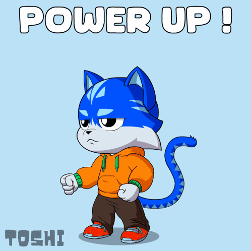 A Cartoon Of A Cat With The Words Power Up Written Above It GIF
