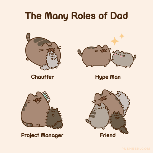 A Cartoon Of A Cat With The Words " The Many Roles Of Dad " Above It GIF