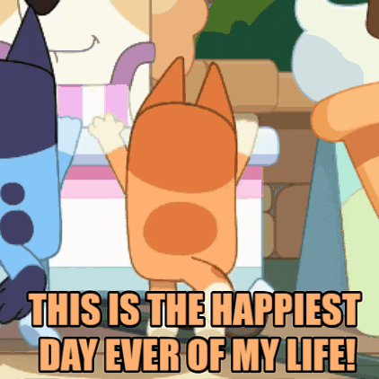 a cartoon of a cat with the words " this is the happiest day ever of my life "