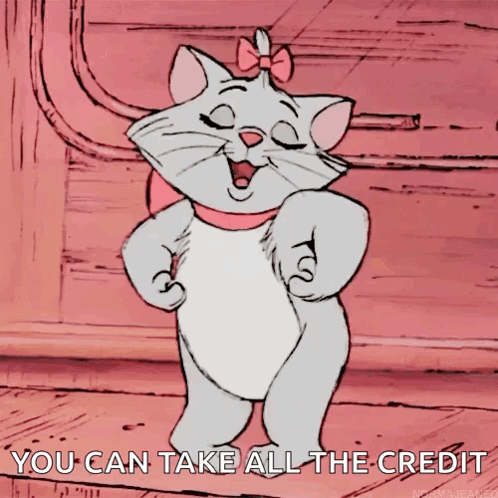 A Cartoon Of A Cat With The Words " You Can Take All The Credit " On The Bottom GIF