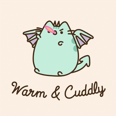 A Cartoon Of A Cat With Wings And The Words Warm And Cuddly Below It GIF