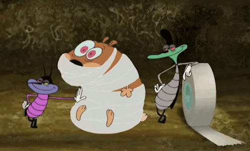A Cartoon Of A Cat Wrapped In Bandages With A Bug Holding A Roll Of Tape GIF