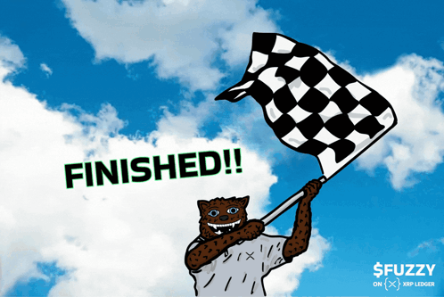 A Cartoon Of A Cheetah Holding A Checkered Flag With The Words Finished On The Bottom GIF