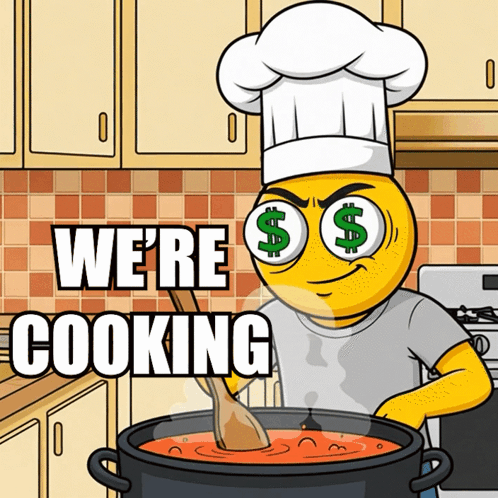 A Cartoon Of A Chef Stirring A Pot Of Food With The Words We 'Re Cooking Behind Him GIF