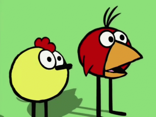 A Cartoon Of A Chicken And A Red Bird Standing Next To Each Other GIF